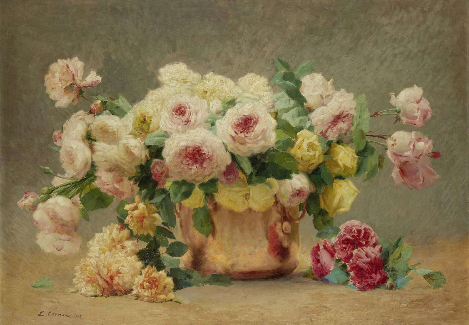 Hand - Painted Rose Bouquet in Copper Vase – Floral Oil Painting - Oil Painting Haven