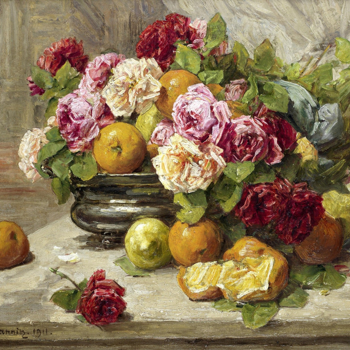 Hand - Painted Roses and Citrus Still Life Vase – Floral Oil Painting - Oil Painting Haven