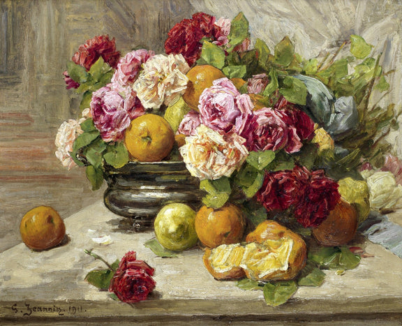 Hand - Painted Roses and Citrus Still Life Vase – Floral Oil Painting - Oil Painting Haven