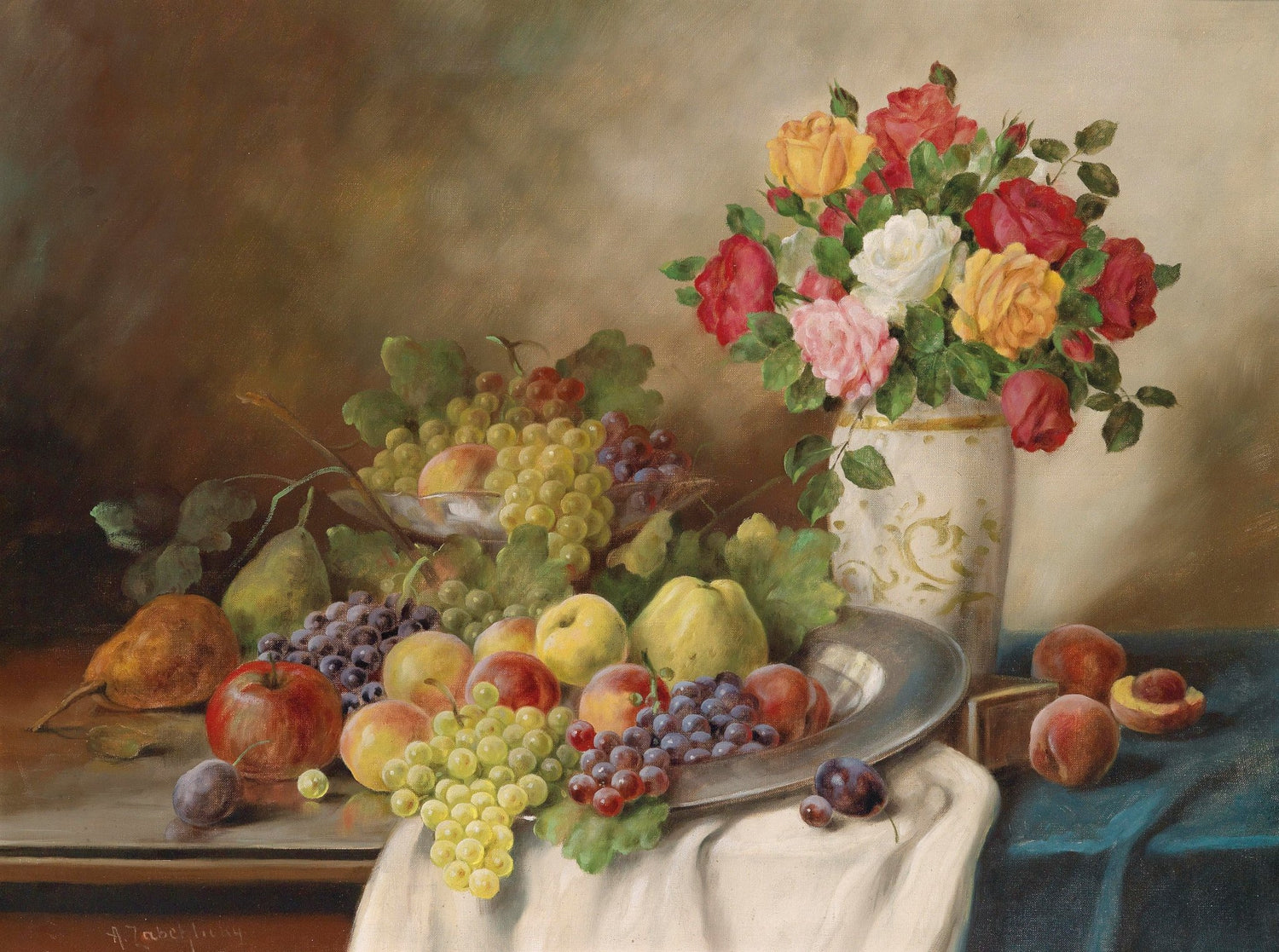 Hand - Painted Roses and Fruit Still Life – Floral Oil Painting - Oil Painting Haven