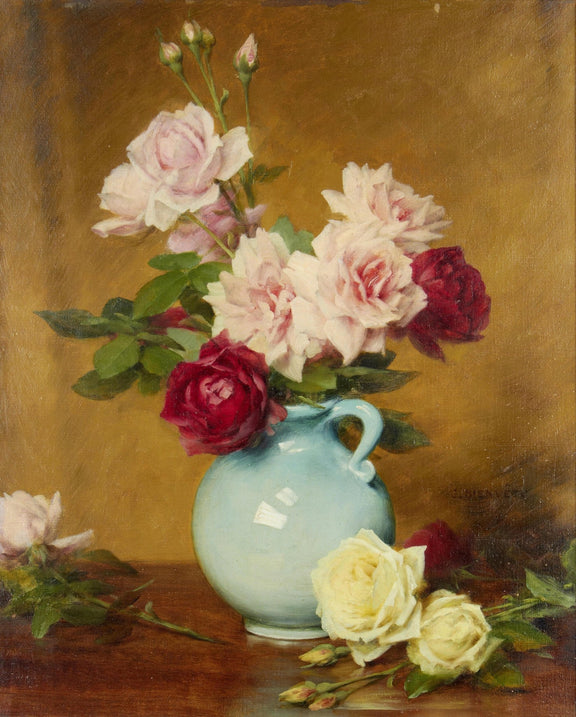Hand - Painted Roses in Blue Vase Still Life – Floral Oil Painting - Oil Painting Haven