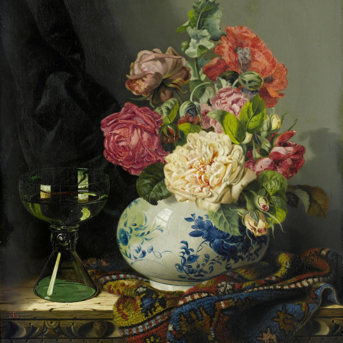 Hand - Painted Roses in Delft Vase Still Life – Floral Oil Painting - Oil Painting Haven