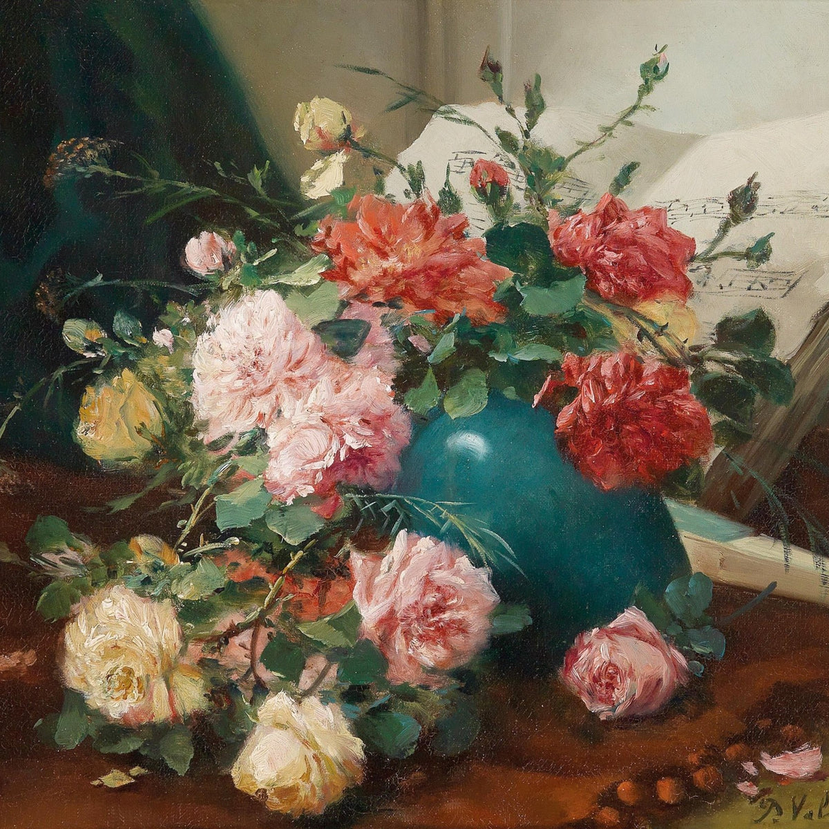 Hand - Painted Roses in Green Vase Still Life - Floral Oil Painting - Oil Painting Haven