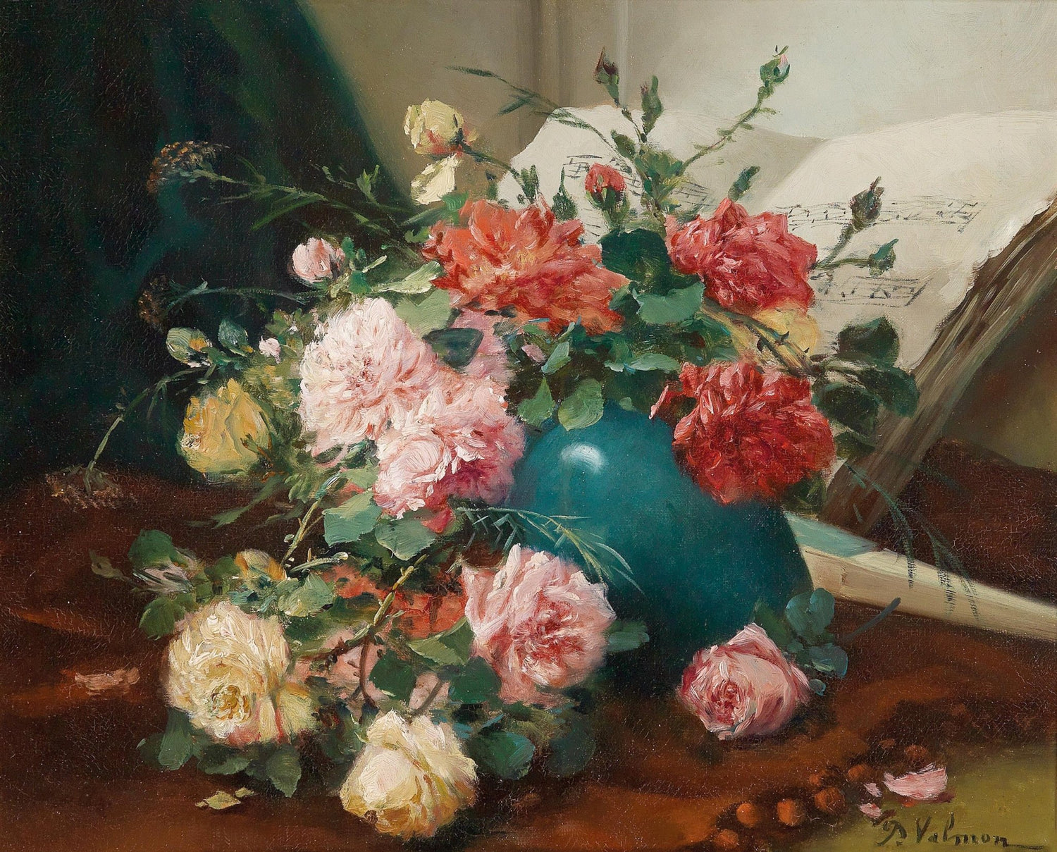 Hand - Painted Roses in Green Vase Still Life - Floral Oil Painting - Oil Painting Haven