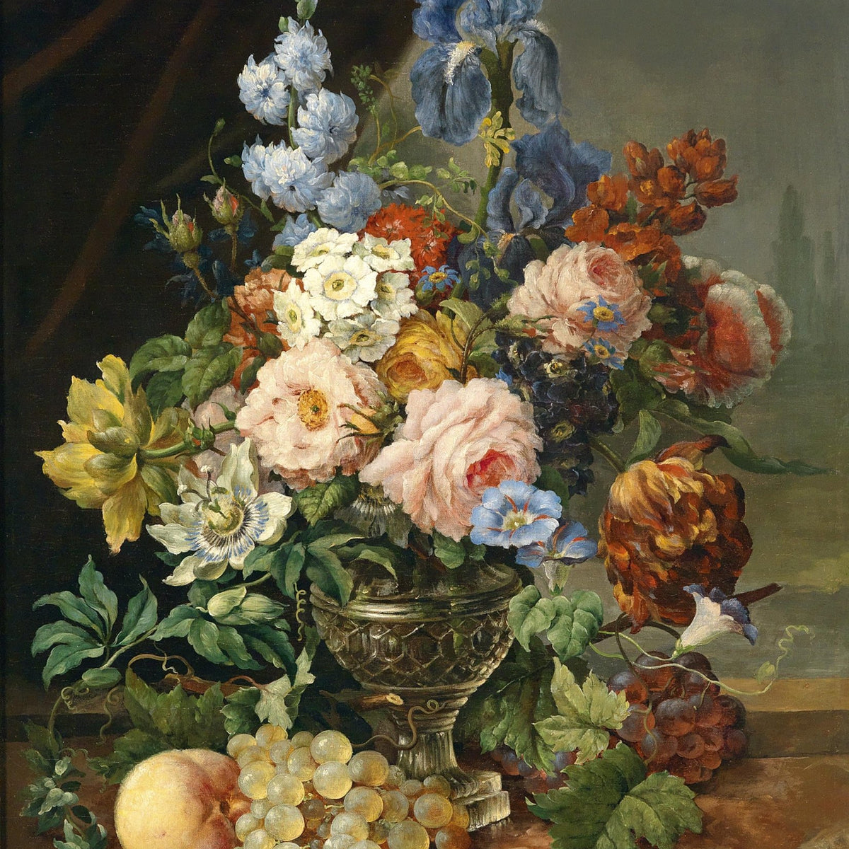Hand - Painted Roses, Iris and Grapes Still Life – Floral Oil Painting - Oil Painting Haven