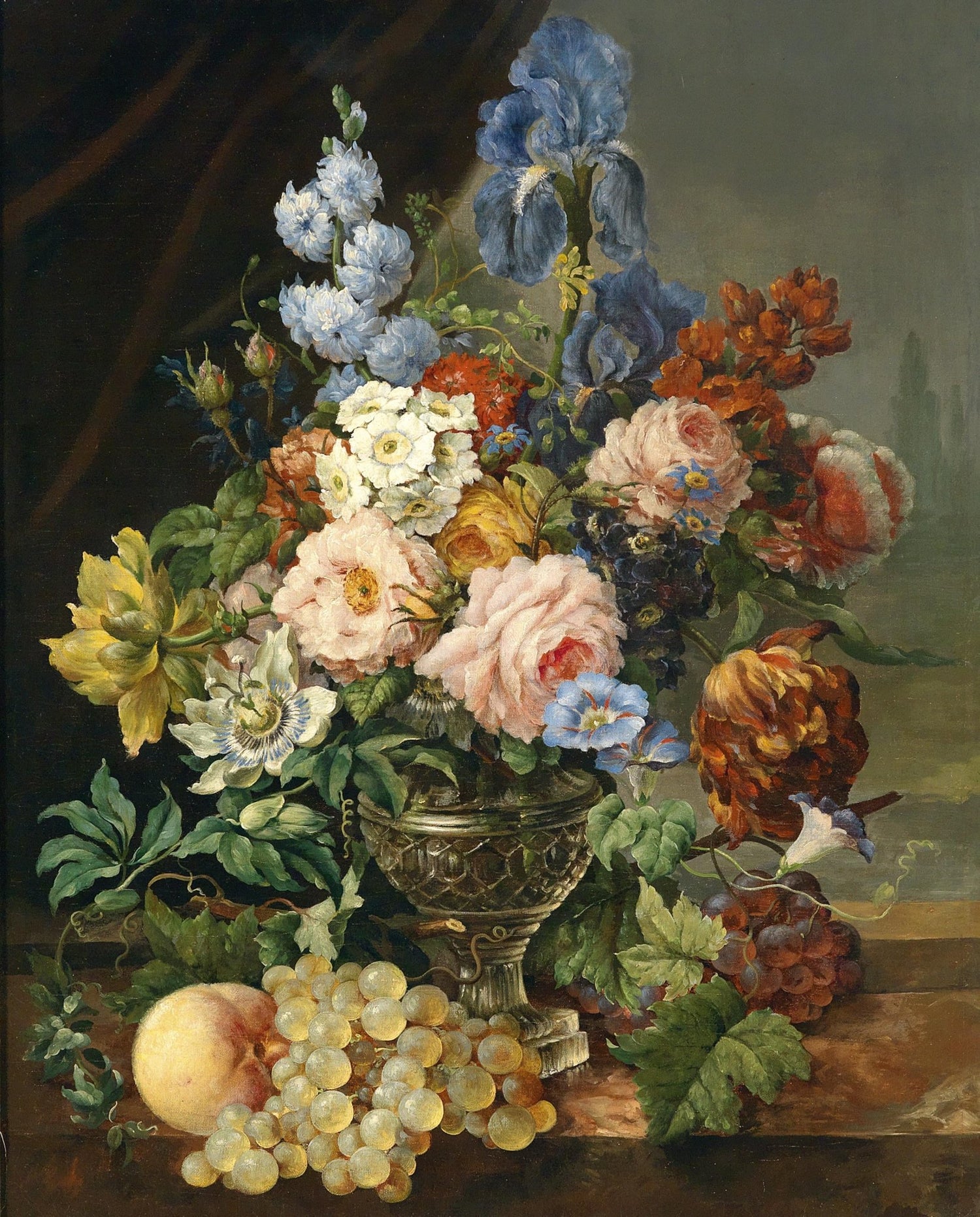 Hand - Painted Roses, Iris and Grapes Still Life – Floral Oil Painting - Oil Painting Haven