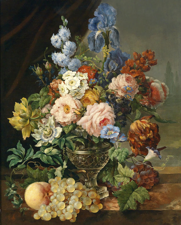 Hand - Painted Roses, Iris and Grapes Still Life – Floral Oil Painting - Oil Painting Haven