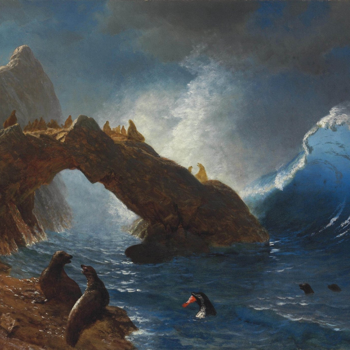 Hand-painted hand-painted sea lion rock surf scene landscape oil painting on canvas