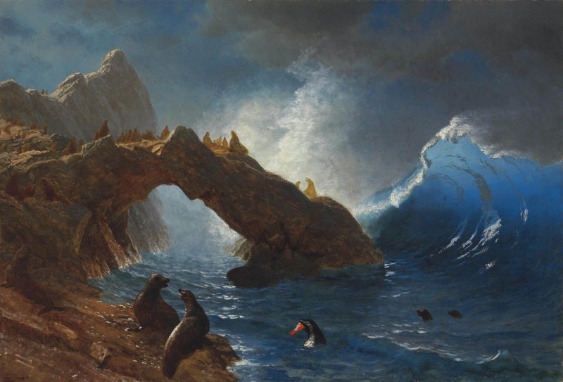 Hand-painted hand-painted sea lion rock surf scene landscape oil painting on canvas