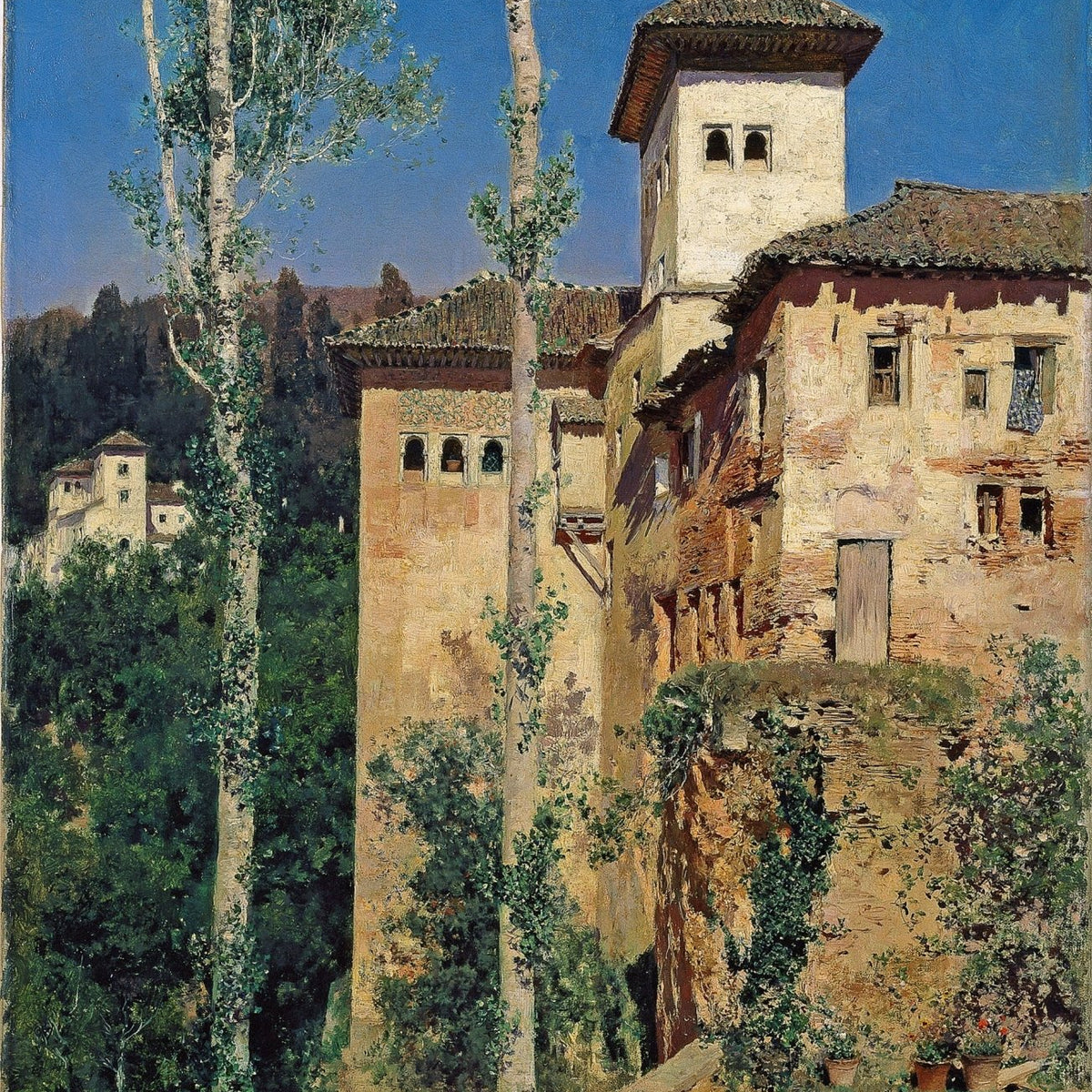 Hand - Painted Spanish Villa Hillside Scene - Landscape Oil Painting - Oil Painting Haven
