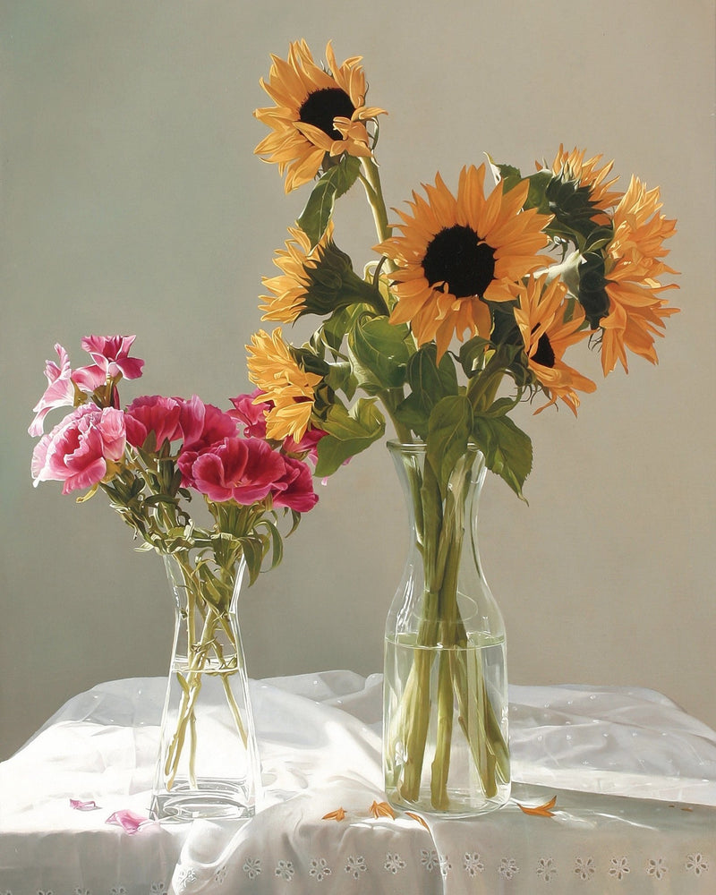 Hand - Painted Sunflowers and Pink Flowers Still Life – Floral Oil Painting - Oil Painting Haven