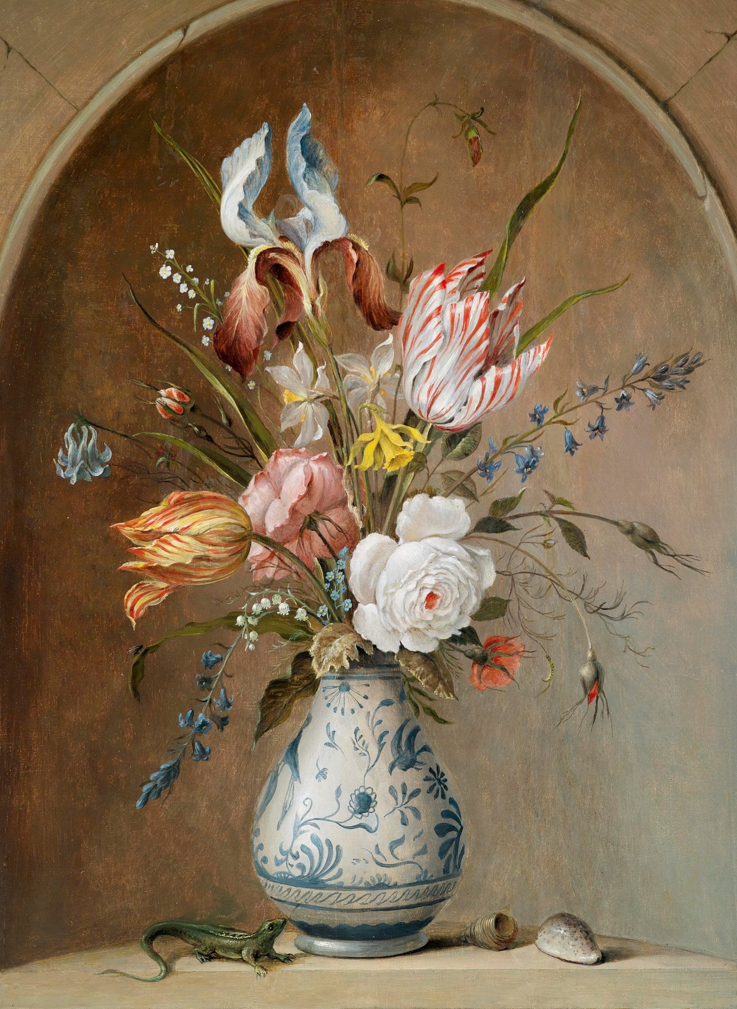 Hand - Painted Tulips and Iris in Ceramic Vase - Floral Oil Painting - Oil Painting Haven