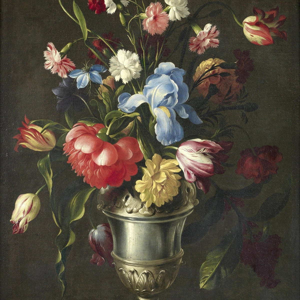 Hand - Painted Tulips and Iris in Silver Vase – Floral Oil Painting - Oil Painting Haven