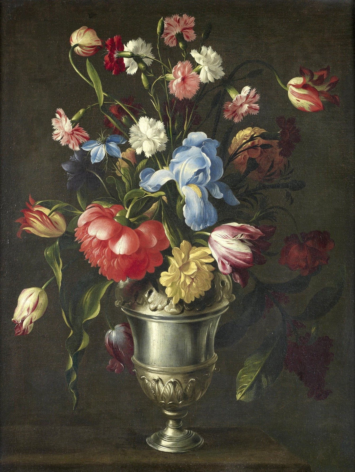 Hand - Painted Tulips and Iris in Silver Vase – Floral Oil Painting - Oil Painting Haven