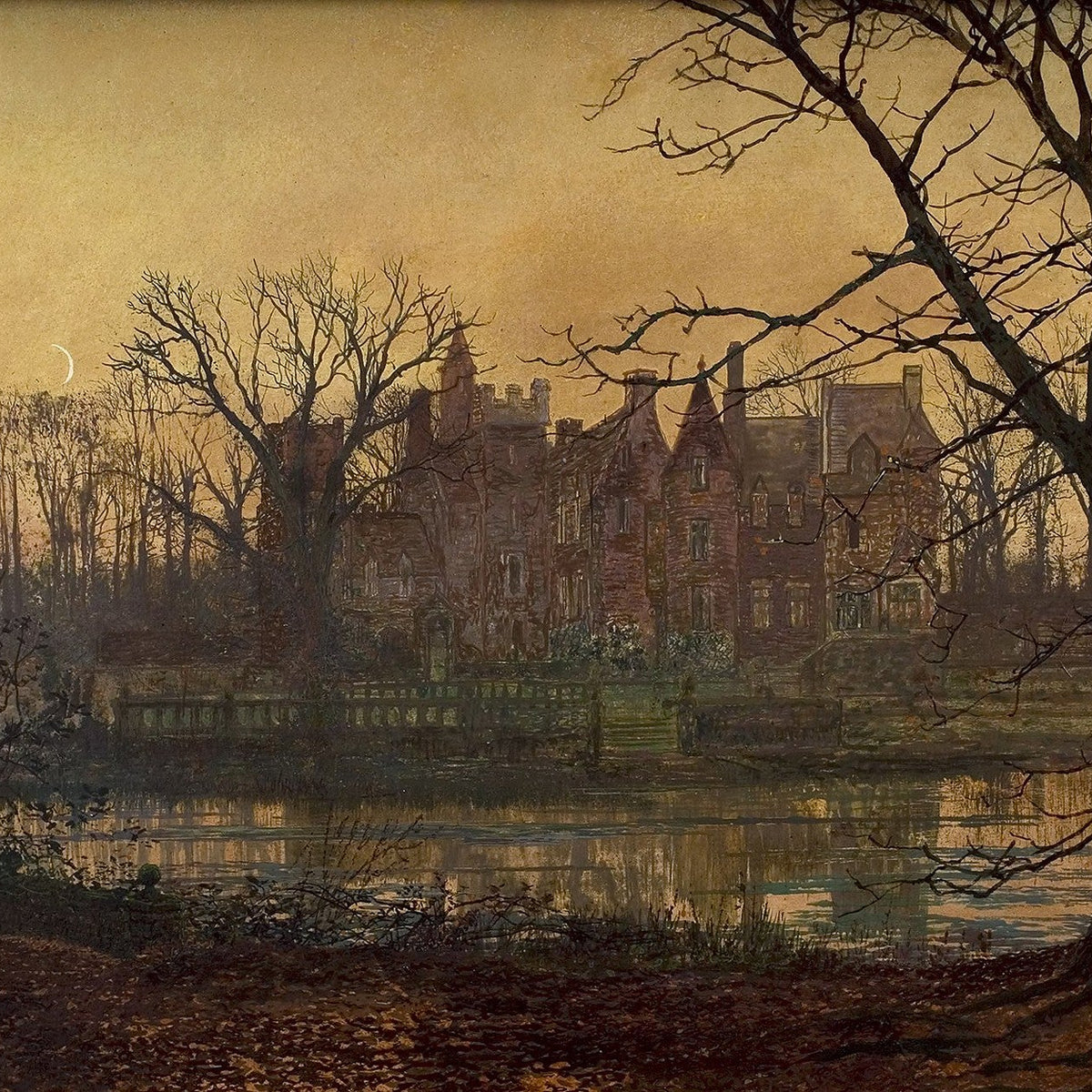 Hand-painted hand-painted twilight manor reflection landscape oil painting on canvas