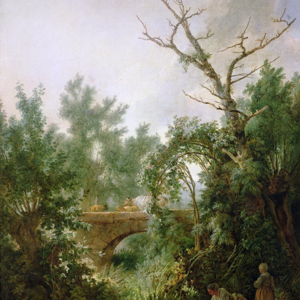 Hand-painted hand-painted washerwoman by stone bridge landscape oil painting on canvas