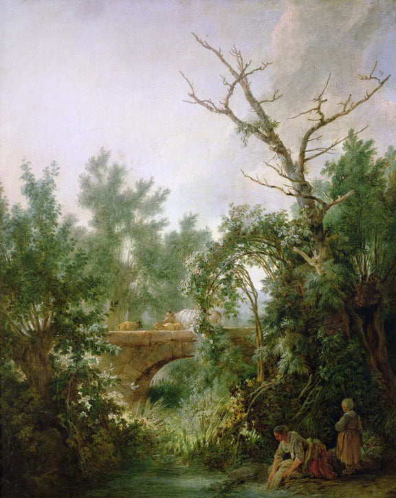 Hand-painted hand-painted washerwoman by stone bridge landscape oil painting on canvas