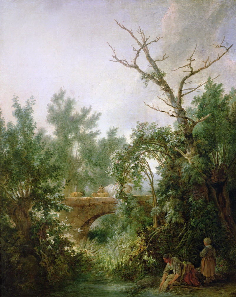 Hand-painted hand-painted washerwoman by stone bridge landscape oil painting on canvas