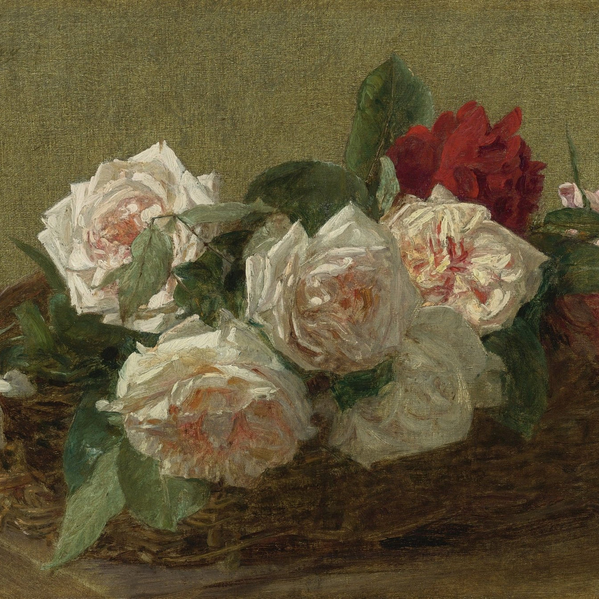 Hand - Painted White and Red Roses Basket - Floral Oil Painting - Oil Painting Haven