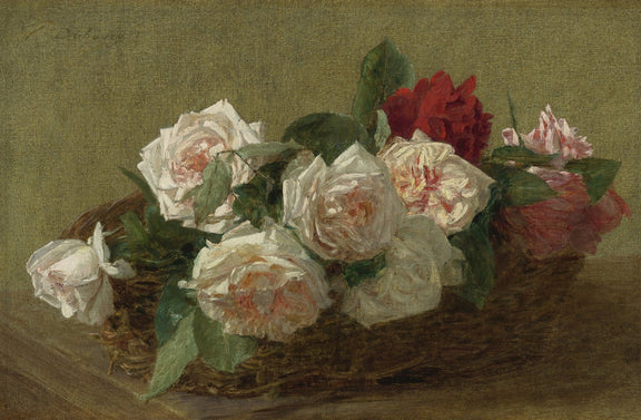 Hand - Painted White and Red Roses Basket - Floral Oil Painting - Oil Painting Haven