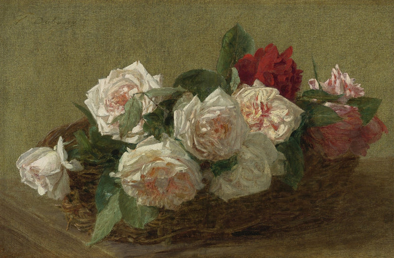 Hand - Painted White and Red Roses Basket - Floral Oil Painting - Oil Painting Haven