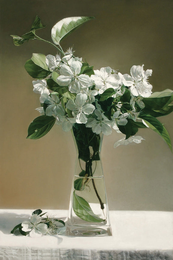 Hand - Painted White Blossom in Glass Vase – Floral Oil Painting - Oil Painting Haven