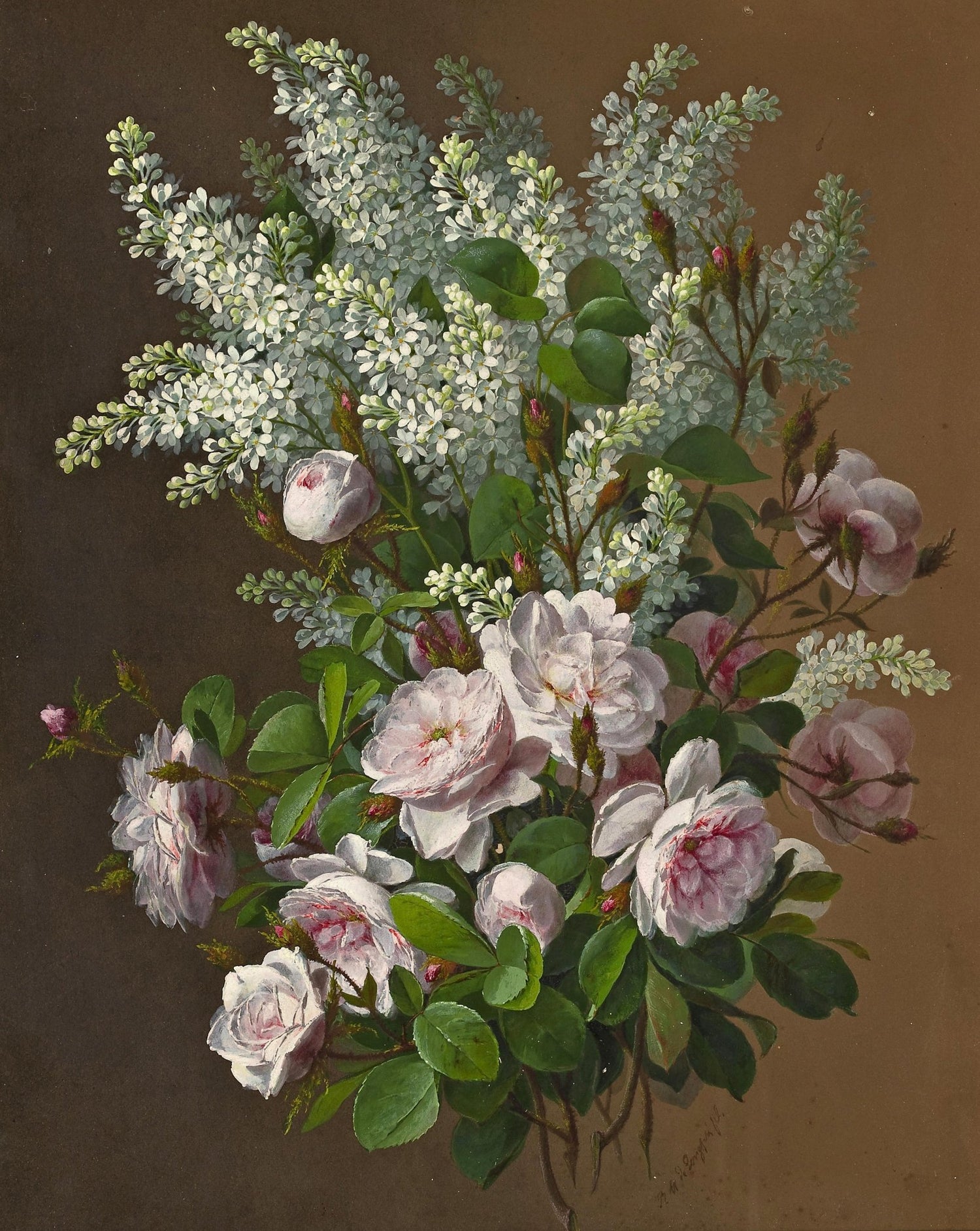 Hand - Painted White Lilac and Rose Bouquet – Floral Oil Painting - Oil Painting Haven