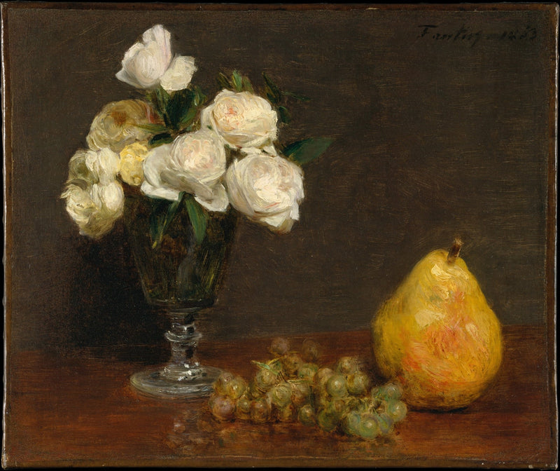 Hand - Painted White Rose and Pear Still Life – Floral Oil Painting - Oil Painting Haven