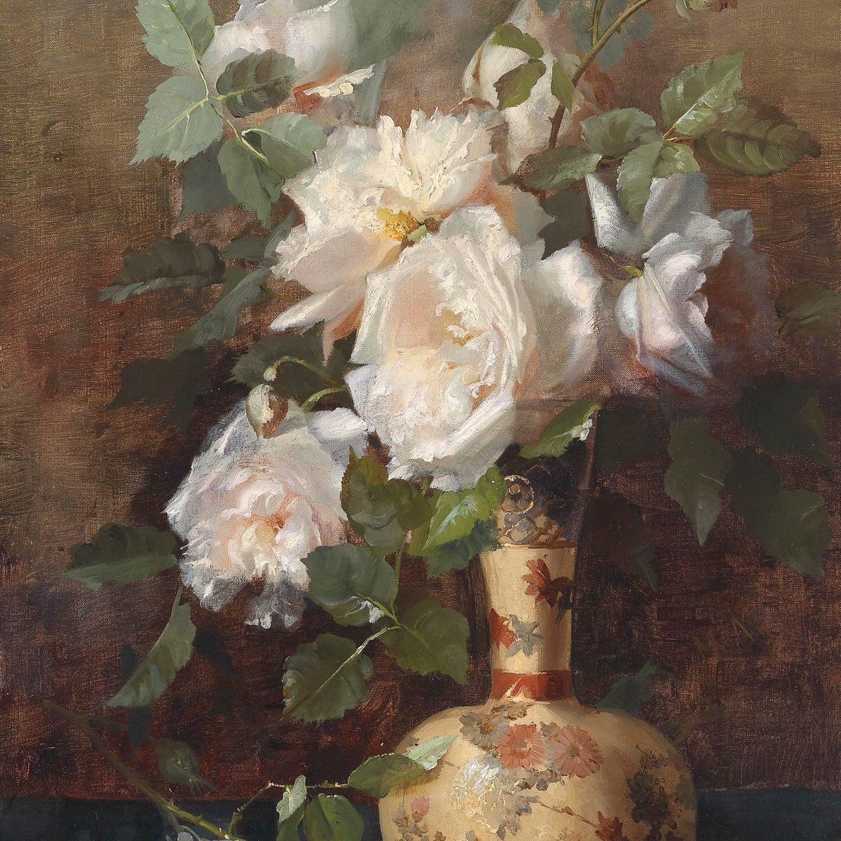 Hand - Painted White Roses in Decorative Vase – Floral Oil Painting - Oil Painting Haven