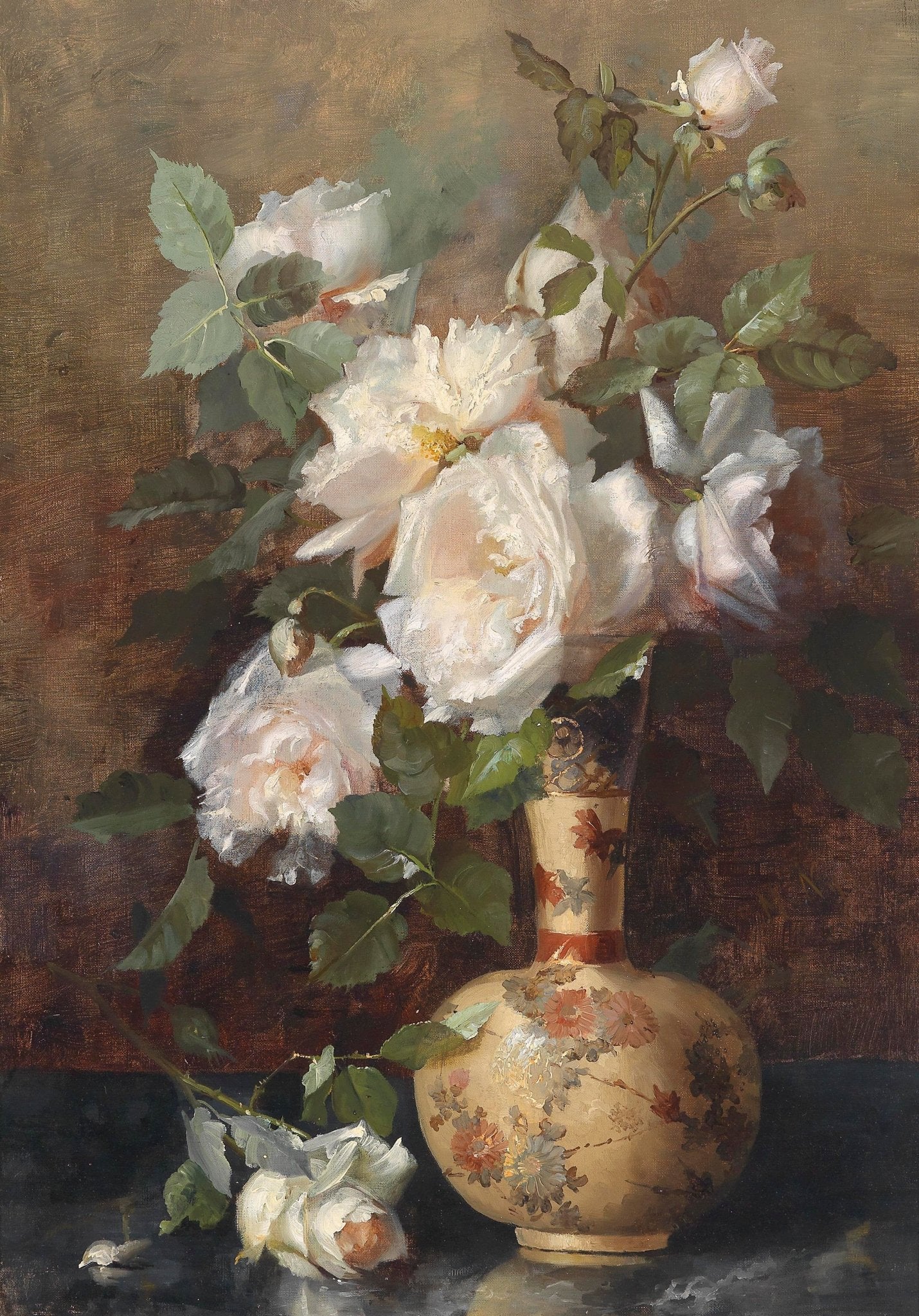 Hand - Painted White Roses in Decorative Vase – Floral Oil Painting - Oil Painting Haven