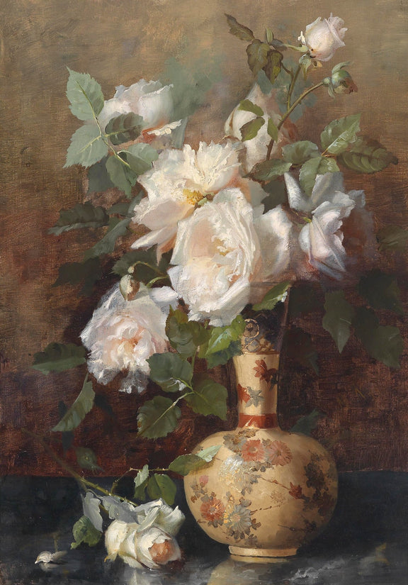 Hand - Painted White Roses in Decorative Vase – Floral Oil Painting - Oil Painting Haven