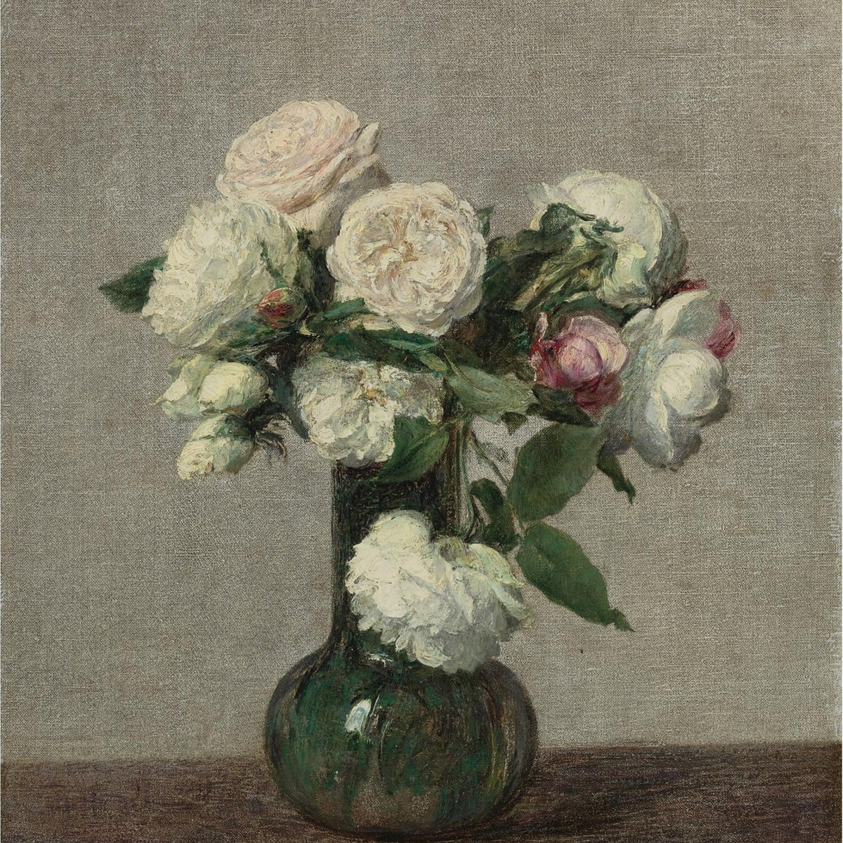 Hand - Painted White Roses in Green Vase - Floral Oil Painting - Oil Painting Haven