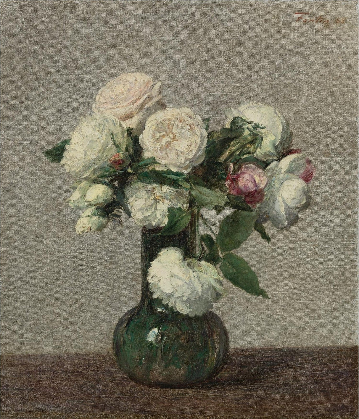 Hand - Painted White Roses in Green Vase - Floral Oil Painting - Oil Painting Haven