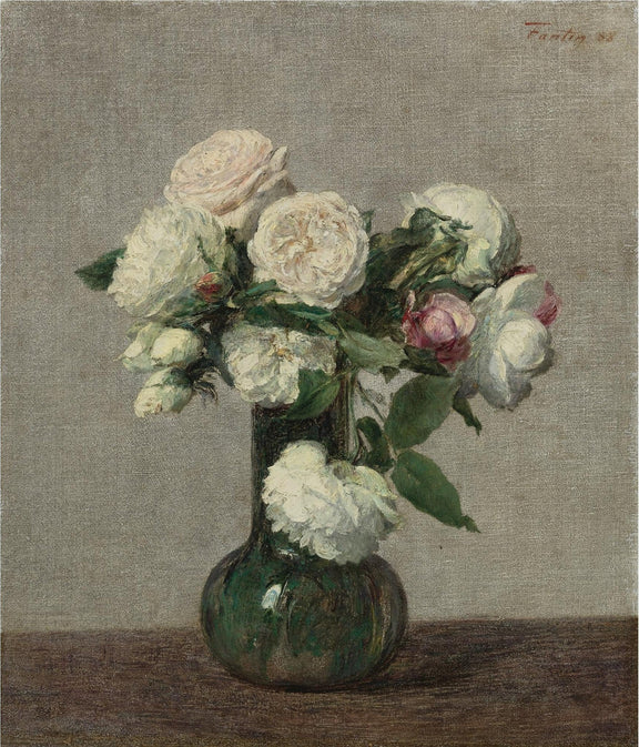 Hand - Painted White Roses in Green Vase - Floral Oil Painting - Oil Painting Haven