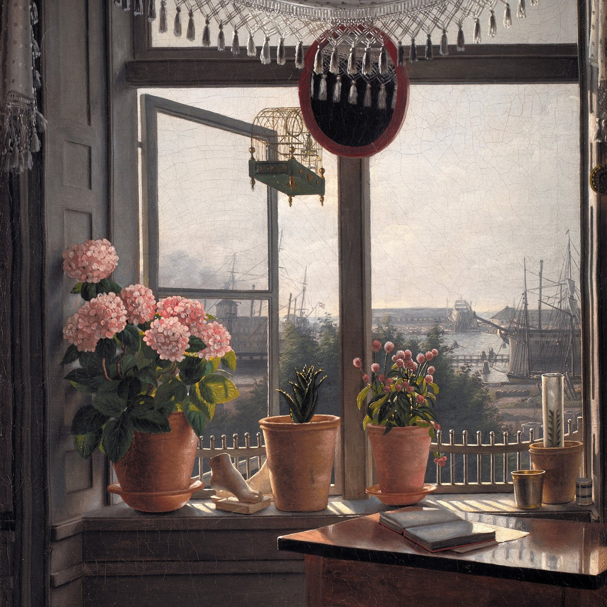 Hand - Painted Window Flowers and Harbor View – Floral Oil Painting - Oil Painting Haven