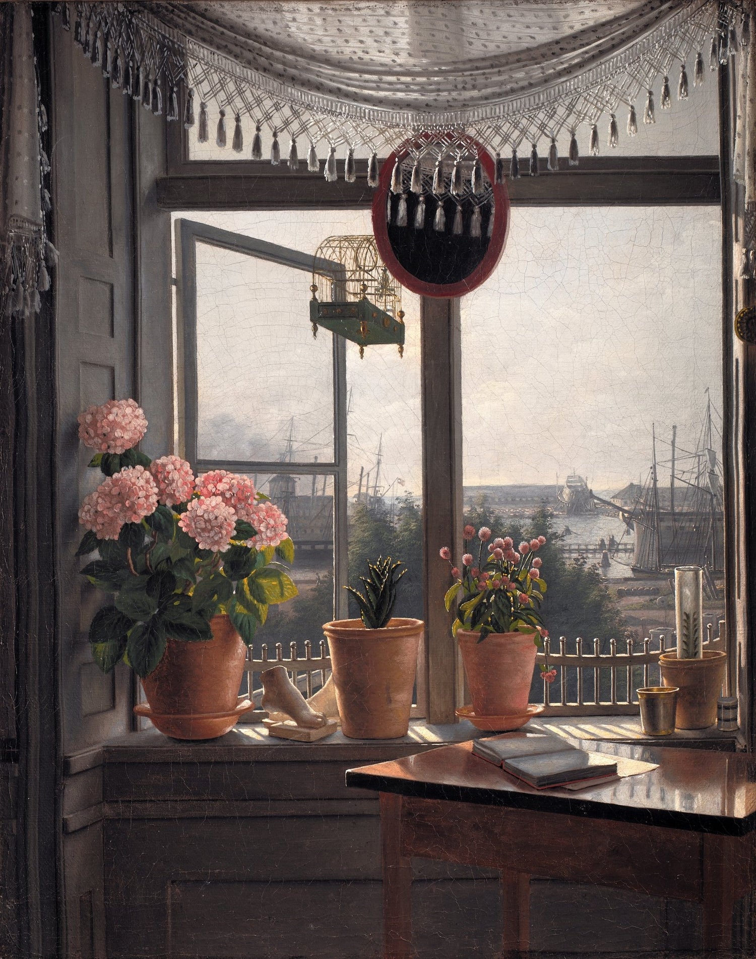 Hand - Painted Window Flowers and Harbor View – Floral Oil Painting - Oil Painting Haven
