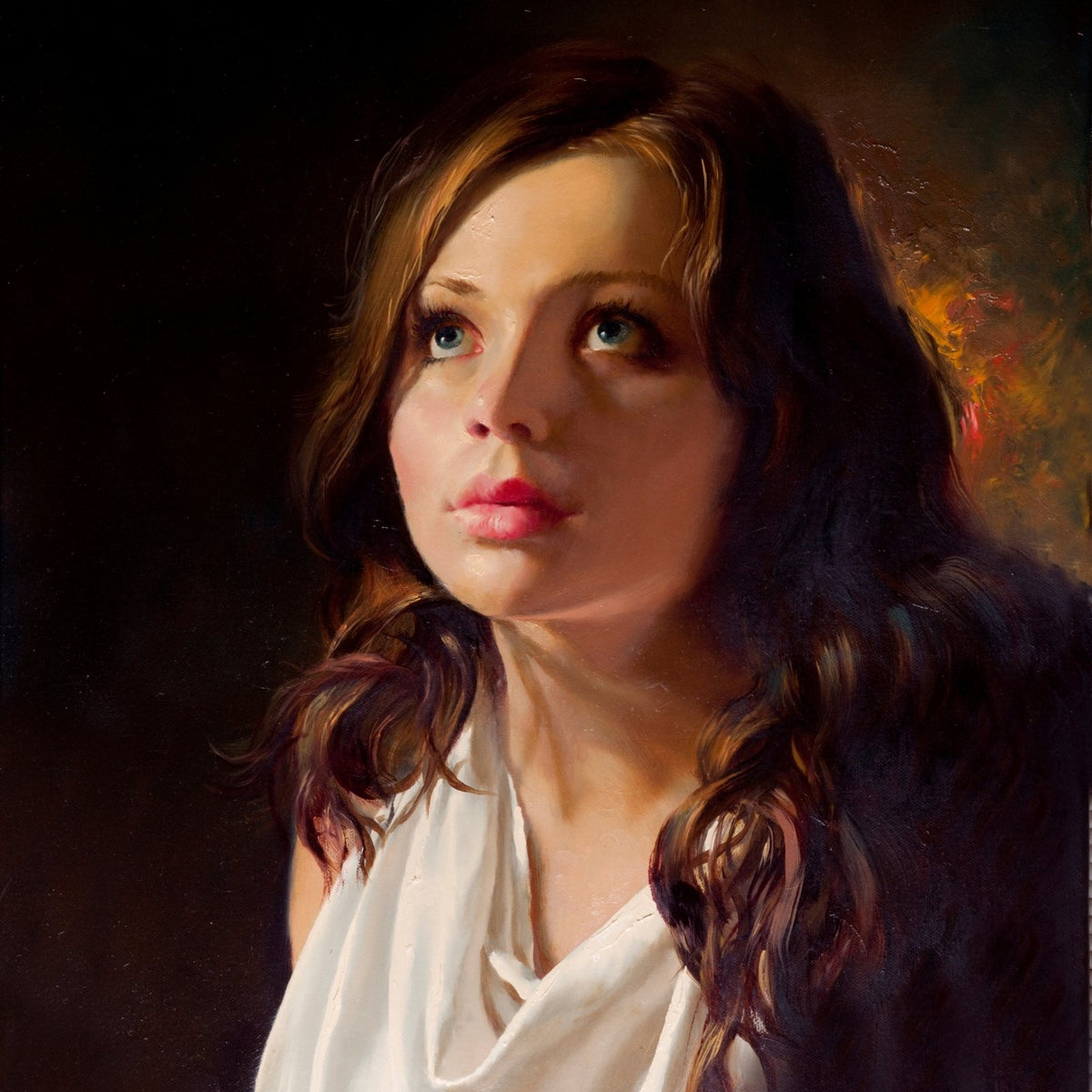 Hand - Painted Woman Portrait Looking Up - People Oil Painting - Oil Painting Haven