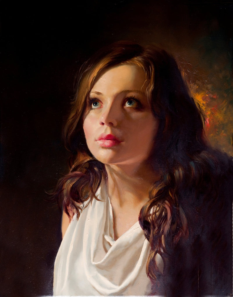 Hand - Painted Woman Portrait Looking Up - People Oil Painting - Oil Painting Haven