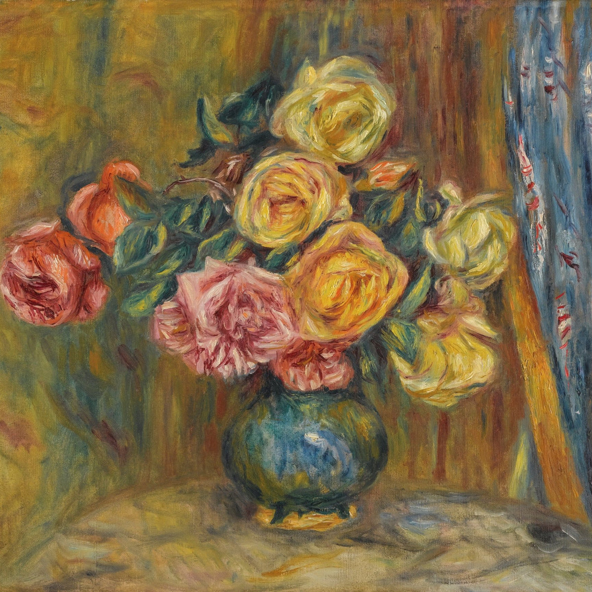 Hand - Painted Yellow and Pink Roses in Vase - Floral Oil Painting - Oil Painting Haven