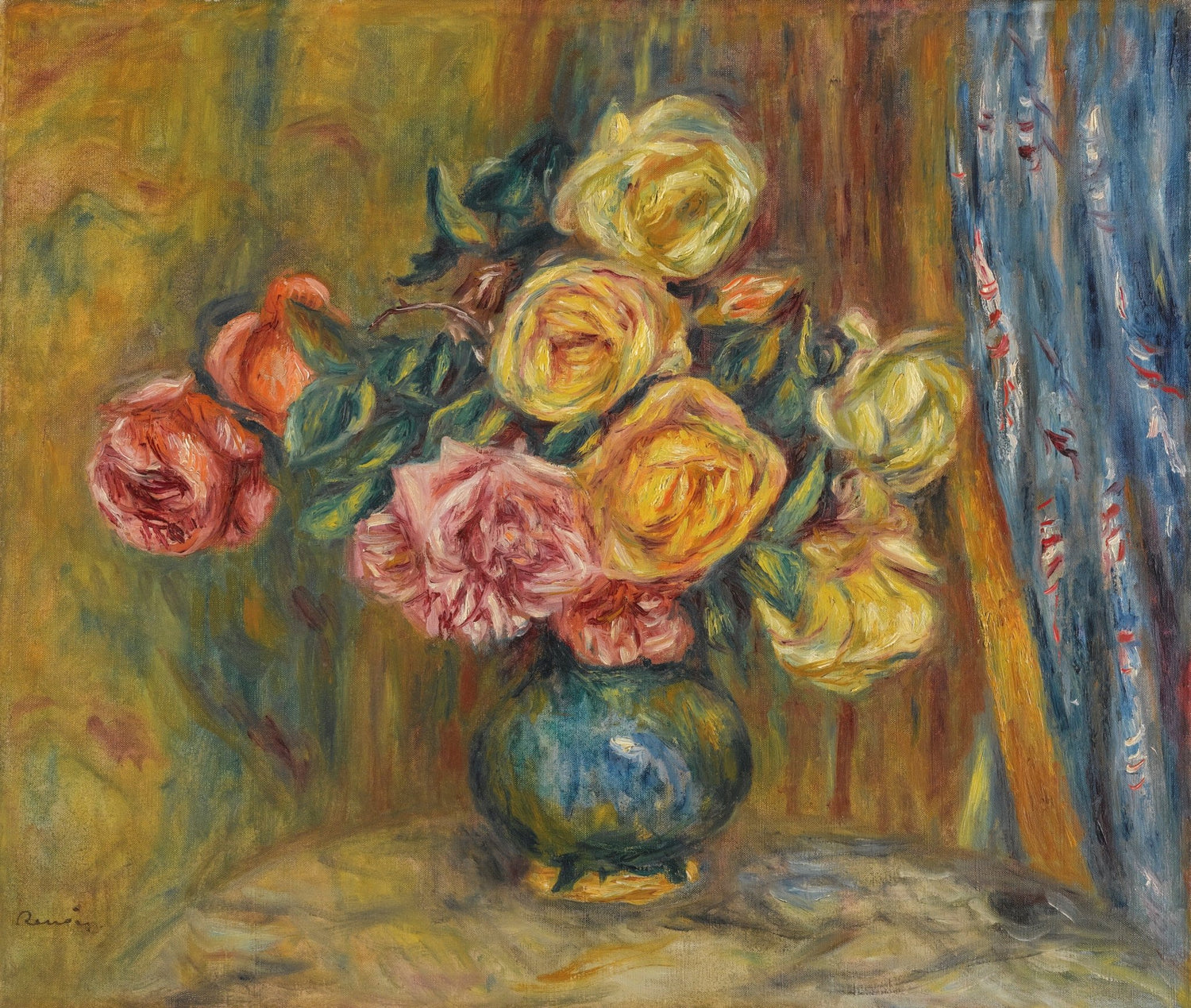 Hand - Painted Yellow and Pink Roses in Vase - Floral Oil Painting - Oil Painting Haven