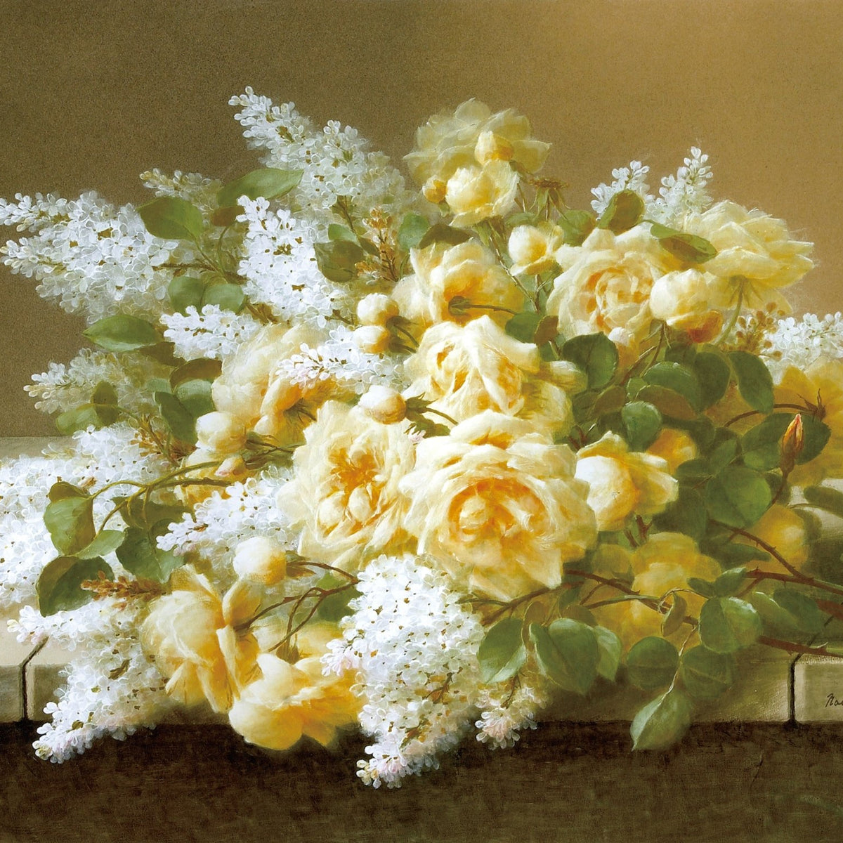 Hand - Painted Yellow Roses and White Blossom – Floral Oil Painting - Oil Painting Haven
