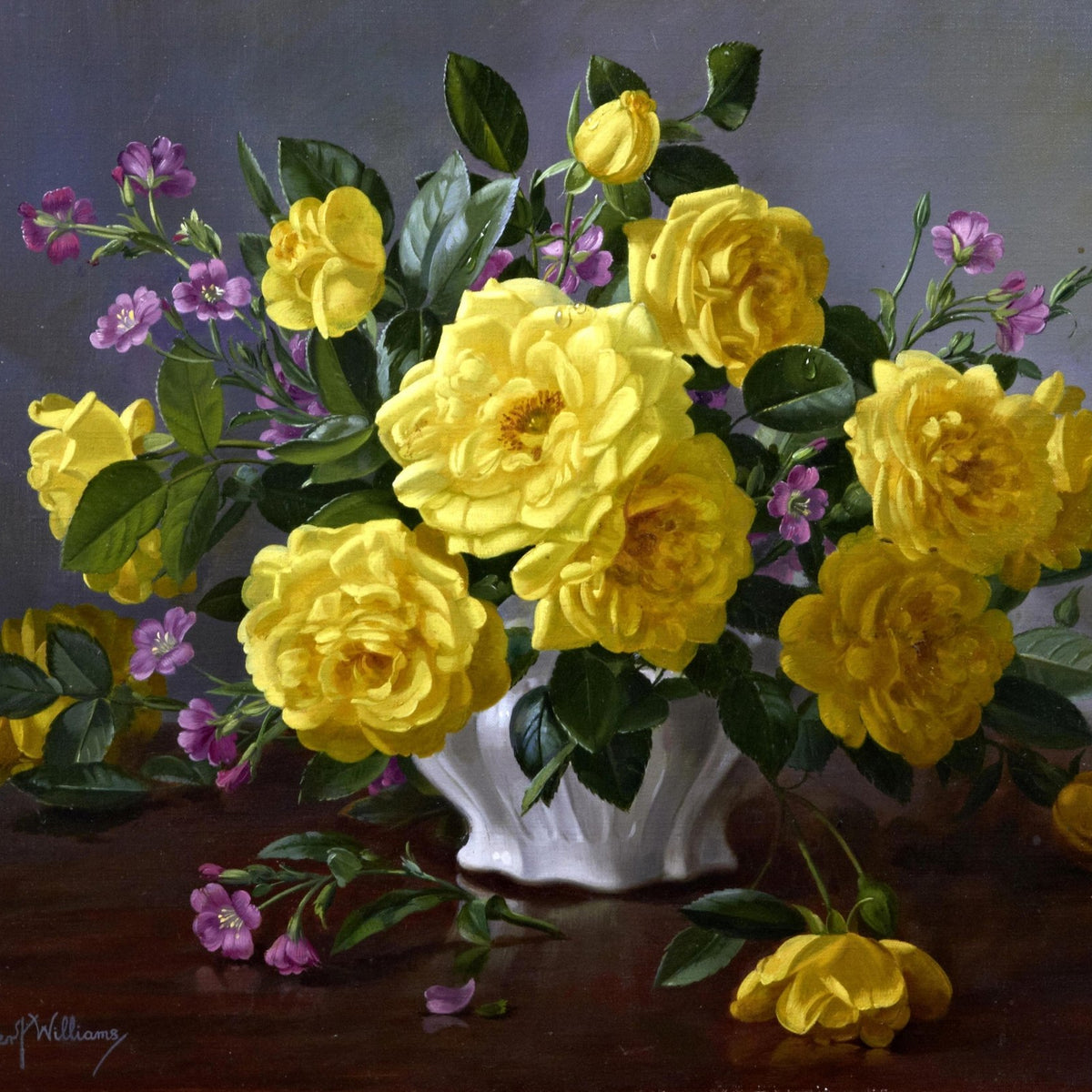 Hand - Painted Yellow Roses in White Vase – Floral Oil Painting - Oil Painting Haven