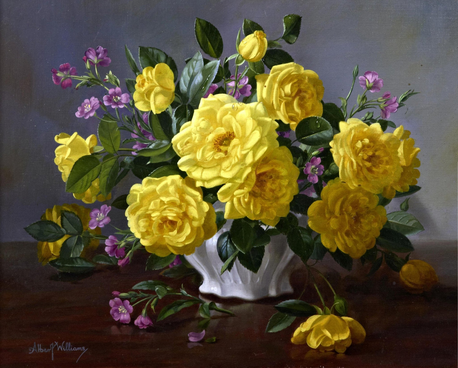 Hand - Painted Yellow Roses in White Vase – Floral Oil Painting - Oil Painting Haven