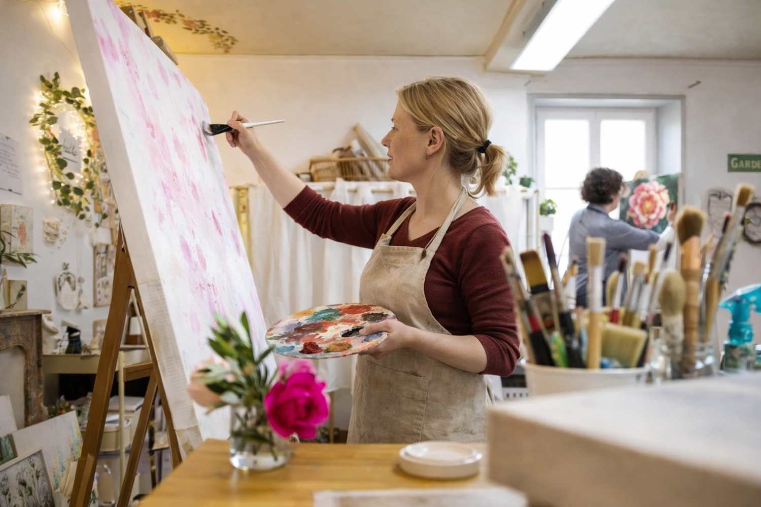 Artist hand painting a landscape oil painting on canvas in the studio
