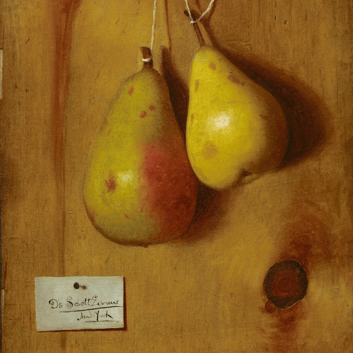 Hanging Pears on Wooden Board - Still Life Oil Painting - Oil Painting Haven