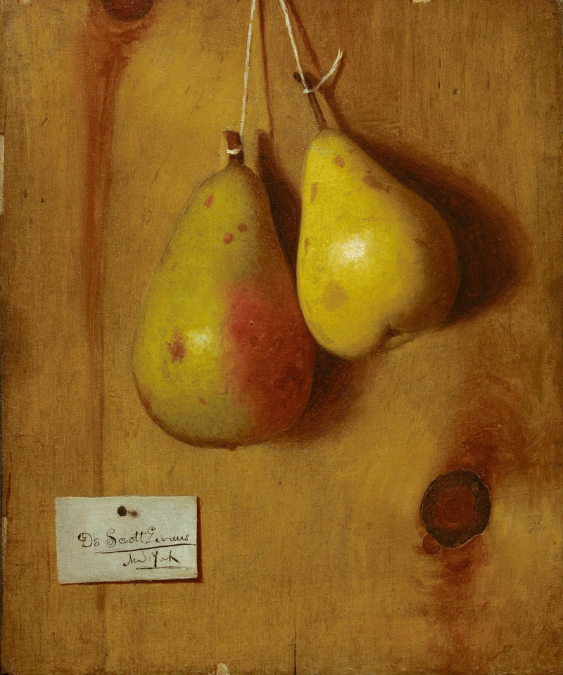 Hanging Pears on Wooden Board - Still Life Oil Painting - Oil Painting Haven