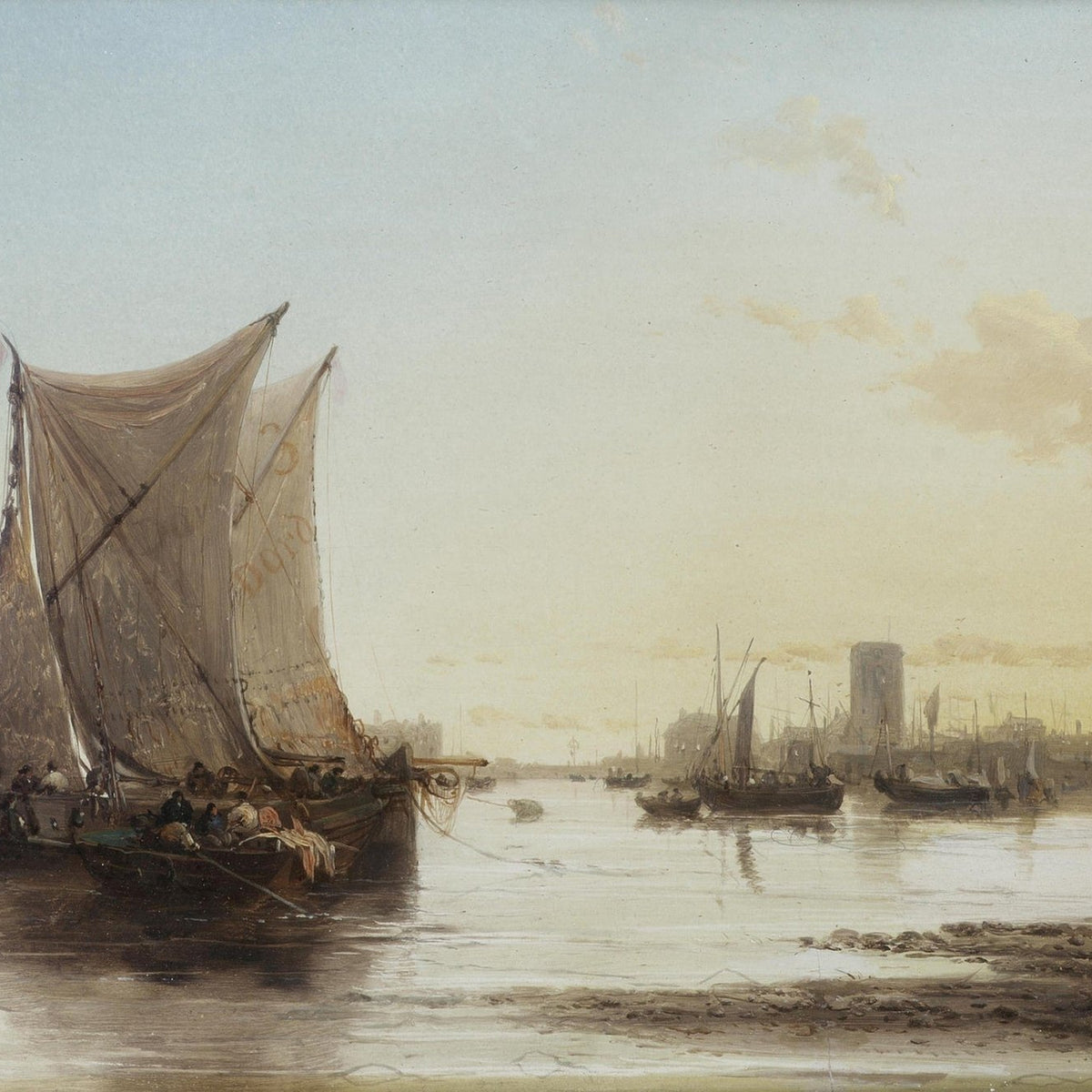 Hand-painted harbor at dusk with fishing boats nautical oil painting on canvas