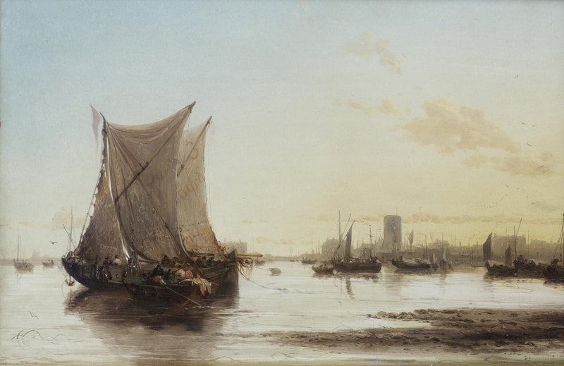 Hand-painted harbor at dusk with fishing boats nautical oil painting on canvas