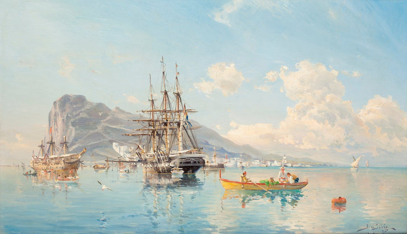 Hand-painted harbor fleet and mountain coast nautical oil painting on canvas