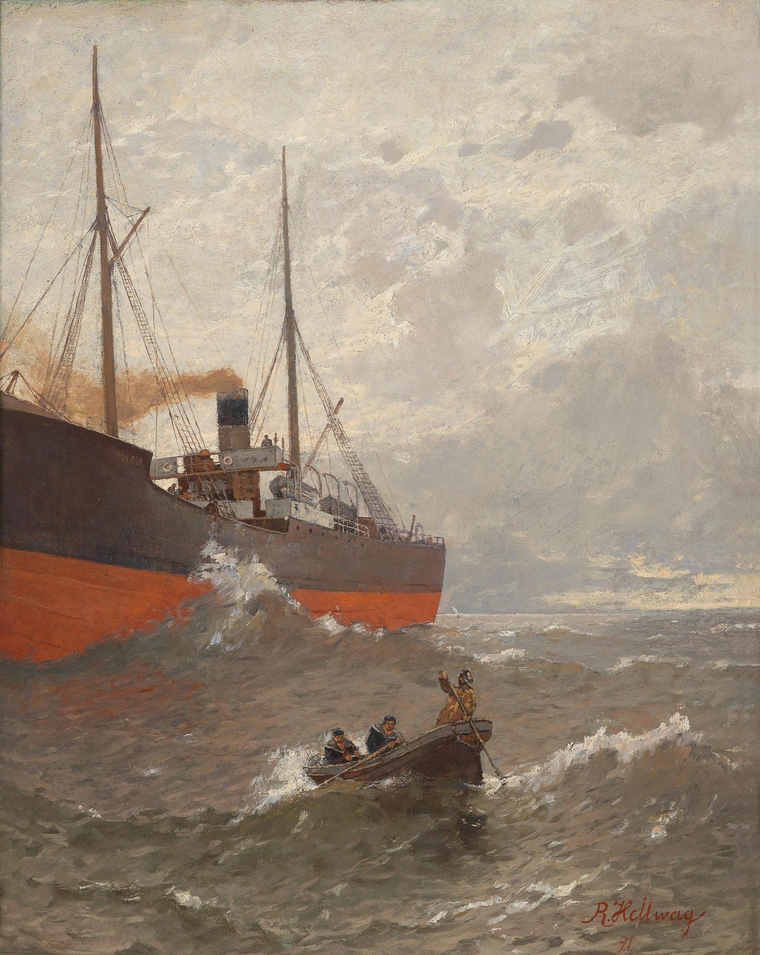 Hand-painted harbor rescue scene at sea nautical oil painting on canvas